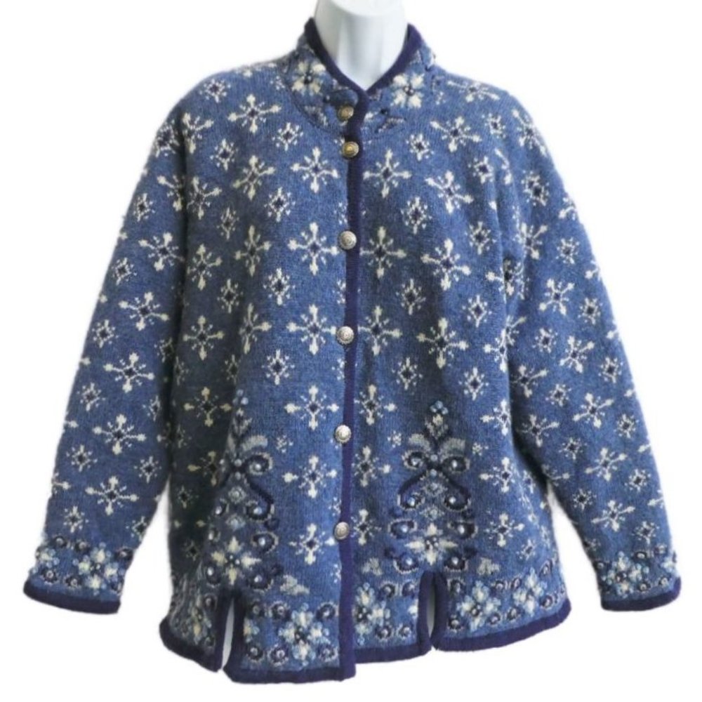 Icelandic Design Blue 100 Wool Cardigan Sweater Atlandia 2000 Y2K Snowflakes L